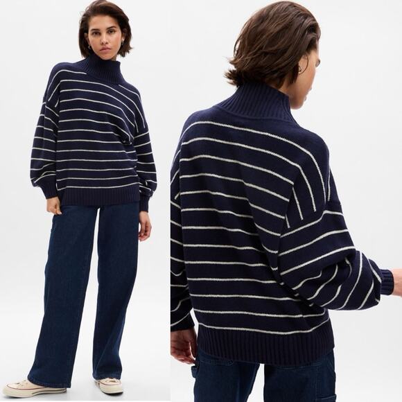 Gap CashSoft Mockneck Sweater navy blue stripe Sz XS Preppy Chic Boxy Cabin Core - Picture 1 of 8